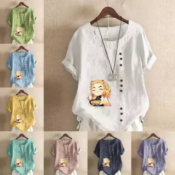 Женская мода футболка с коротким рукавом и круглым вырезом, повседневная хлопковая льняная рубашка с рисунком, свободная летняя блузка с милым мультяшным принтом для мальчиков, топы больших размеров S розовый