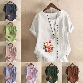 Женская модная футболка с круглым вырезом и коротким рукавом, повседневная хлопковая льняная рубашка с графическим принтом, свободная летняя блузка с забавным принтом в виде воздушных шаров S розовый