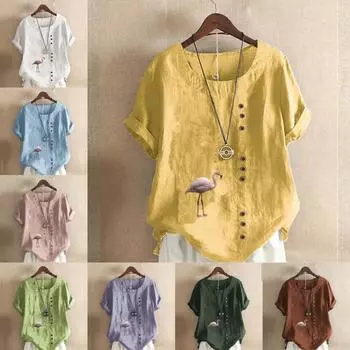 Женская модная футболка с круглым вырезом и коротким рукавом, повседневная рубашка из хлопка и льна с принтом, свободная летняя блузка с принтом в виде журавля S розовый