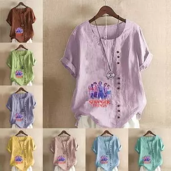 Женская модная футболка с круглым вырезом и коротким рукавом, повседневная хлопковая льняная рубашка с рисунком, свободная летняя блузка с принтом для детей и малышей S розовый