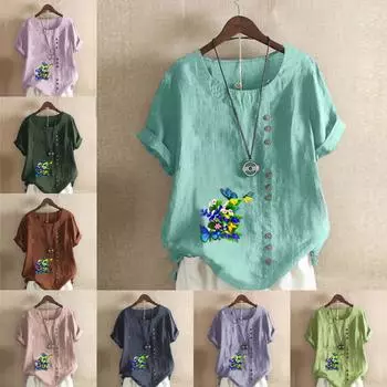 Women s Fashion Round Neck Short Sleeve T-shirt Casual Cotton Linen Graphic Shirt Leisure Loose Flowers in Clusters Prined Summer Blouse Tops S розовый