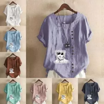 Женская модная футболка с круглым вырезом и коротким рукавом, повседневная хлопковая льняная рубашка с рисунком, свободная летняя блузка с принтом для мальчиков, топы S розовый