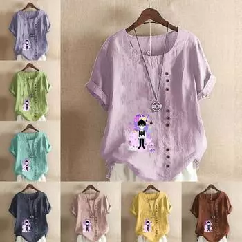 Женская модная футболка с круглым вырезом и коротким рукавом, повседневная хлопковая льняная рубашка с рисунком для мальчиков и летняя блузка с принтом черного кота S розовый