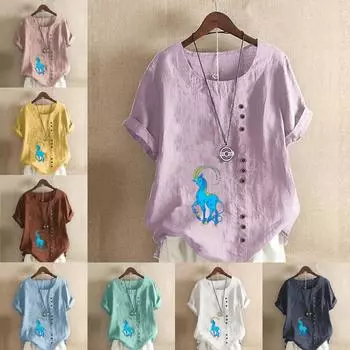 Women s Fashion Round Neck Short Sleeve T-shirt Casual Cotton Linen Graphic Shirt Antelope Prined Summer Blouse Tops Plus Size S розовый