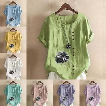 Women s Fashion Round Neck Short Sleeve T-shirt Casual Cotton Linen Graphic Shirt Cool Woman Prined Summer Blouse Tops S розовый