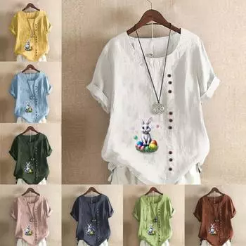 Women s Fashion Round Neck Short Sleeve T-shirt Casual Cotton Linen Graphic Shirt Leisure Loose Rabbit Prined Summer Blouse Tops Plus Size S розовый
