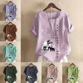 Women s Fashion Round Neck Short Sleeve T-shirt Casual Cotton Linen Graphic Shirt Leisure Loose Little Couple Prined Summer Blouse Tops S розовый