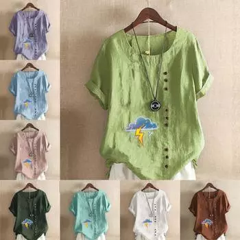 Women s Fashion Round Neck Short Sleeve T-shirt Casual Cotton Linen Graphic Shirt Leisure Loose Thundering Prined Summer Blouse Tops S розовый