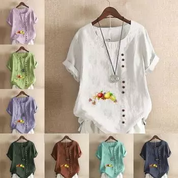 Women s Fashion Round Neck Short Sleeve T-shirt Casual Cotton Linen Graphic Shirt Leisure Loose Fruits Prined Summer Blouse Tops S розовый