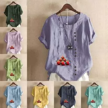 Women s Fashion Round Neck Short Sleeve T-shirt Casual Cotton Linen Graphic Shirt Leisure Loose Small Bell Prined Summer Blouse Tops S розовый