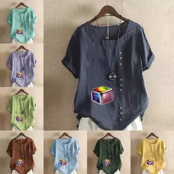 Women s Fashion Rubik s Cube Prined RoundNeck Short Sleeve T-shirt Casual Cotton Linen Graphic Shirt Leisure Loose Summer Blouse Tops S розовый