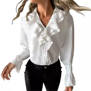 Women s Fashion Ruffle Long Sleeve V-Neck Loose Solid Color Shirt Blouse Tops XL белый