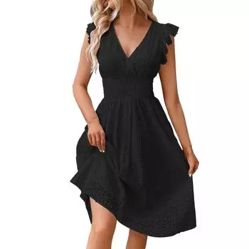 Women s Fashion Ruffle Sleeve Mid-Length V-Neck Lace Hollow Solid Color Casual Dresses L