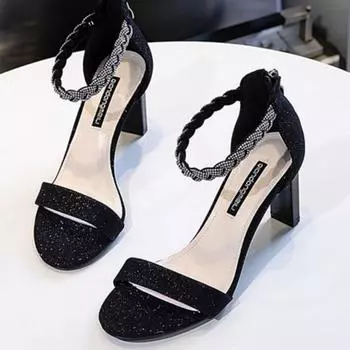 Женские модные сандалии лето новые круглый носок мелкий вырез открытый носок стразы с А-образным каблуком-рюмкой 35 чёрный