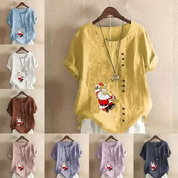 Women s Fashion Santa Claus Prined Round Neck Short Sleeve T-shirt Casual Cotton Linen Graphic Shirt Leisure Loose Summer Blouse Tops S розовый