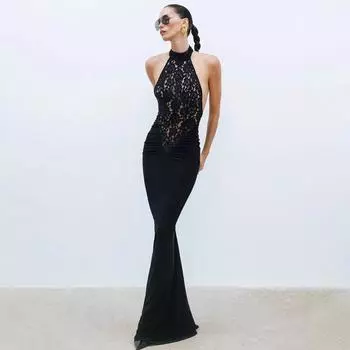 Женское модное сексуальное платье-халтер без рукавов с кружевным лоскутным узором S чёрный