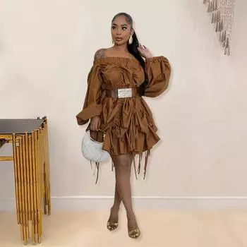 Women s Fashion Sexy One-shoulder Drawstring Dress S коричневый