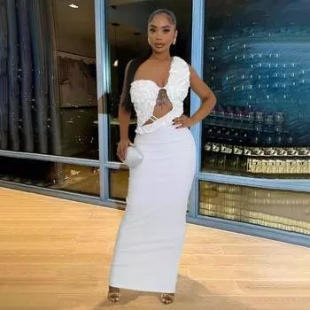 Women s Fashion Sexy One-shoulder Hollowed-out Bag Hip Pleated Slit Dress S чёрный