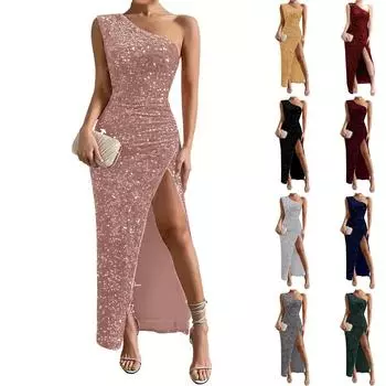 Women s Fashion Sexy Sequin One-shoulder Sleeveless Slit Solid Color Dress L чёрный