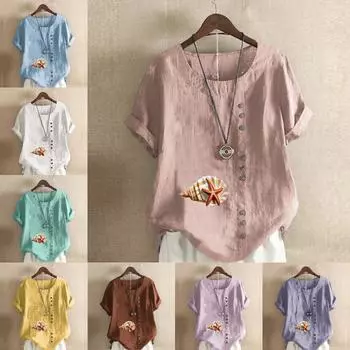 Women s Fashion Shell Prined Round Neck Short Sleeve T-shirt Casual Cotton Linen Graphic Shirt Leisure Loose Summer Blouse Tops Plus Size S розовый