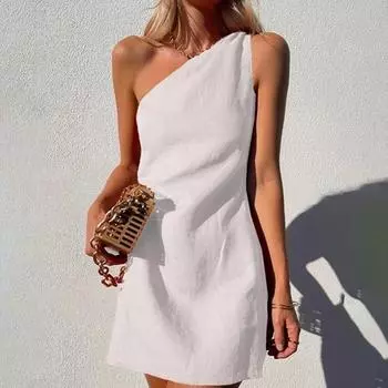 Женские модные однотонные платья с одним плечевым ремнем, тонкие темпераментные платья с наклонными плечами XXL белый