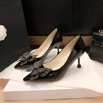 Women s Fashion Skinny Heel Shoes Autumn New Pointy Shallow Mouth Rhinoceros Diamond Bow Low Top Shoes 34