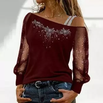 Women s Fashion Slant Neck Long Sleeve Sexy Off Shoulder T-Shirt L винный