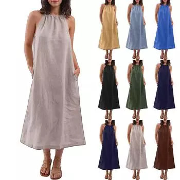 Women s Fashion Sleeveless Round Neck Straps Cotton Linen Dresses L