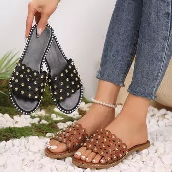 Women s Fashion Slide Sandals - Summer Beach Casual Flats With Faux Pearl & Stud Accents 36 чёрный