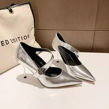 Женские модные туфли на тонком каблуке, осенние, новые, с заостренным носком, с мелким горлом, с металлической линией и темпераментными высокими каблуками 34 чёрный