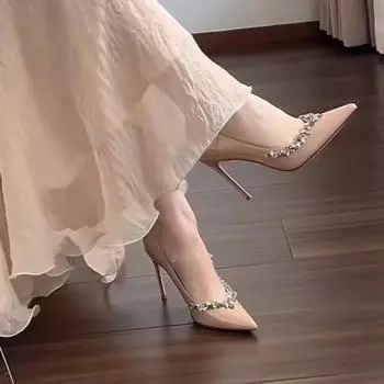 Women s Fashion Slim Heel Shoes Autumn New Pointy Head Shallow Mouth Rhinodrill A Slip-on Temperament High Heels 35