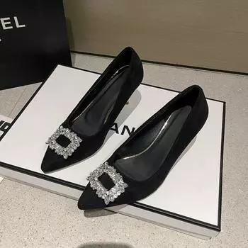 Women s Fashion Slim Heel Shoes Fall New Pointy Head Shallow Mouth Cow Suede Rhinestone Square Buckle Temperament High Heels 35 чёрный