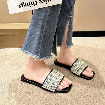Women s Fashion Slippers Pearl Flat Sole Square Toe Shoes for Women Leisure Daily Commute French Summer 2025 Zapatillas De Mujer 36 чёрный