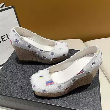 Women s Fashion Slope Heel Shoes Autumn New Square Head Shallow Mouth Cloth Surface Breathable A Slip-on Casual Low-top Shoes 35 бежевый