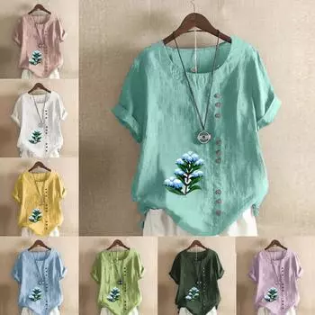 Women s Fashion Snowy Tree Prined Round Neck Short Sleeve T-shirt Casual Cotton Linen Graphic Shirt Leisure Loose Summer Blouse Tops S розовый