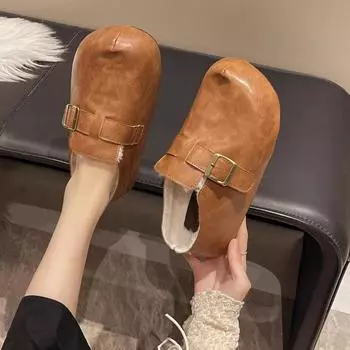 Women s Fashion Solid Color Flat Shoes 2024 New Velvet Inner Warm Windproof Outdoor Leisure Comfortable Women s Slippers Loafers 35 темно-коричневого