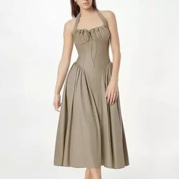 Women s Fashion Solid Color Sexy Strap Hanging Neck Strap Long Dress S