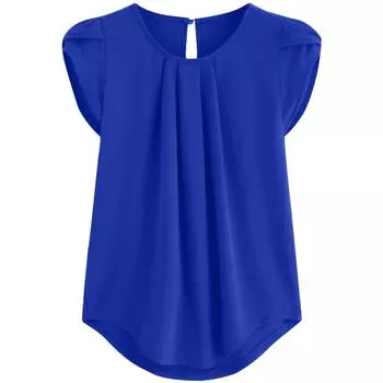 Women s Fashion Solid Color Short-sleeved Button Round Neck Casual Tops L синий