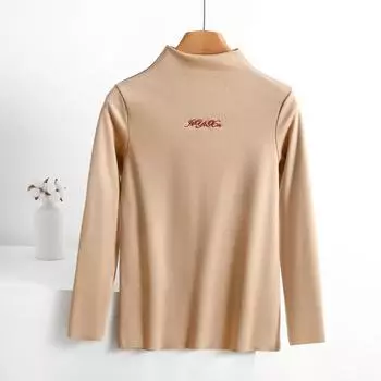 Women s Fashion Solid Colour Long Sleeve Fleece Thickened Top L бежевый