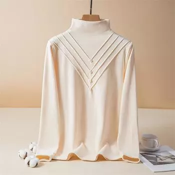 Women s Fashion Solid Colour Long Sleeve Fleece Thickened Top L бежевый