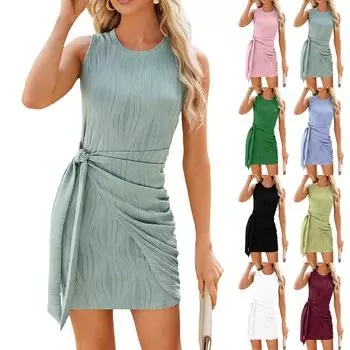 Женская мода сплошной цвет круглый вырез плиссированные галстук без рукавов трикотажные бедра платья L чёрный