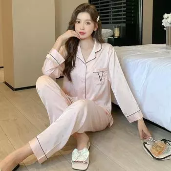 Женская мода весна-осень домашняя одежда из шёлка льда 2 предмета с длинным рукавом жаккардовый комплект пижамы летняя тонкая домашняя одежда высокого класса M