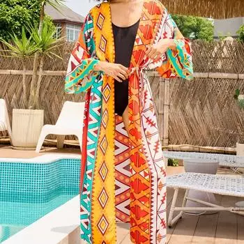 Women s Fashion Spring Fall Geometric Print Long Sleeve Loose Waistline Casual Dresses Size: One Size