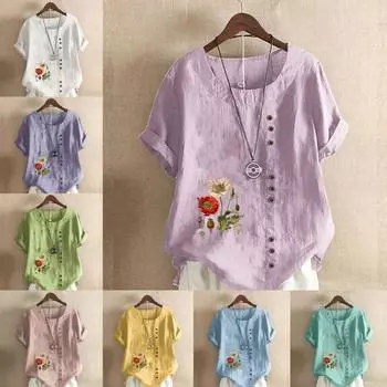 Женская мода Stone Monster Printed с круглым вырезом и коротким рукавом, повседневная хлопковая льняная рубашка с рисунком, свободная летняя блузка, топы S розовый