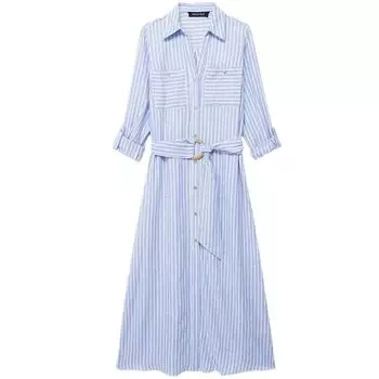 Women s Fashion Style Elegant Blended Dress Linen Blue XS