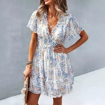 Women s Fashion Summer Floral Print V Neck Short Sleeved Casual Vacation Dress S белый