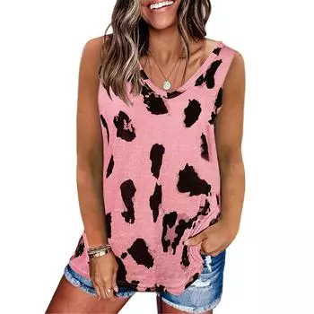Women s Fashion Summer Leopard Print Loose Round Neck Sleeveless Vest Tops XXXL