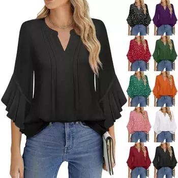 Women s Fashion Summer Loose V-Neck Shirt Ruffle Seven Sleeve Casual Top M зелёный