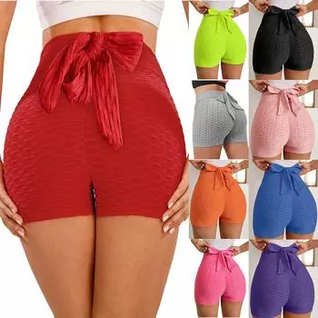 Женские модные летние новые спортивные шорты с высокой талией и бантом для фитнеса и пузыря, однотонные спортивные шорты S