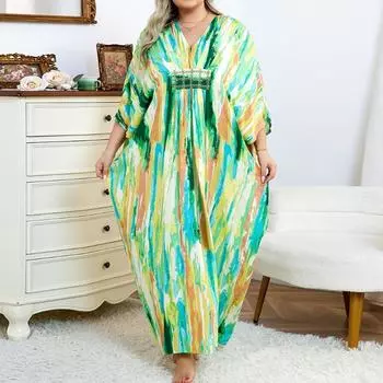 Women s Fashion Summer Spring Colour Block Print 3/4 Sleeves V-Neck Middle Waistline Casual Dresses Size: One Size